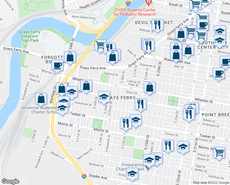 map of restaurants, bars, coffee shops, grocery stores, and more near 1332 South Newkirk Street in Philadelphia