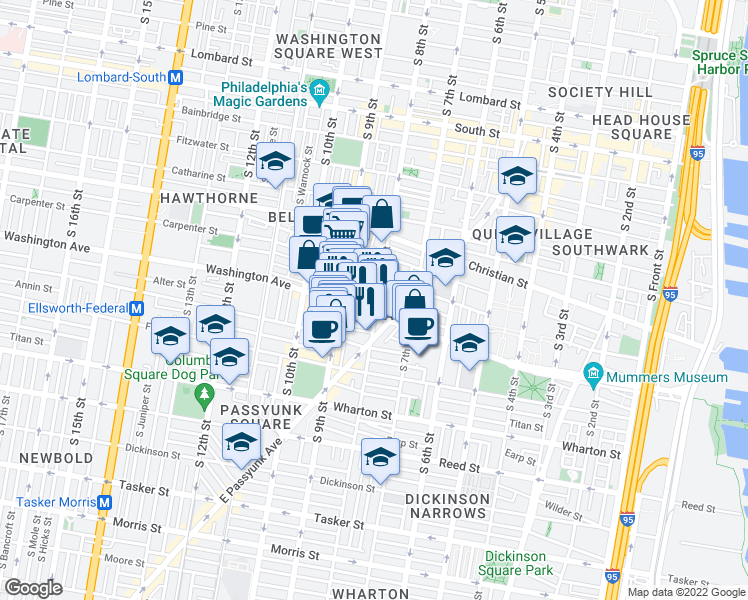 map of restaurants, bars, coffee shops, grocery stores, and more near 1030 South 8th Street in Philadelphia