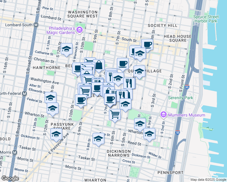 map of restaurants, bars, coffee shops, grocery stores, and more near 630 Carpenter Street in Philadelphia