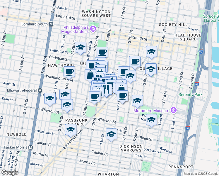 map of restaurants, bars, coffee shops, grocery stores, and more near 1030 South 8th Street in Philadelphia