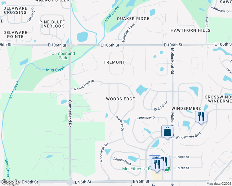 map of restaurants, bars, coffee shops, grocery stores, and more near 10223 Parkway Drive in Fishers