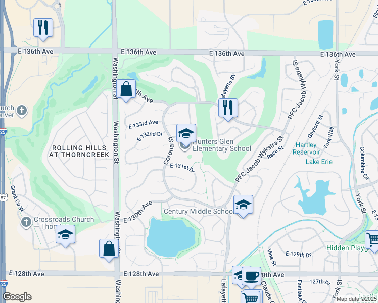 map of restaurants, bars, coffee shops, grocery stores, and more near 13222 Corona Street in Thornton