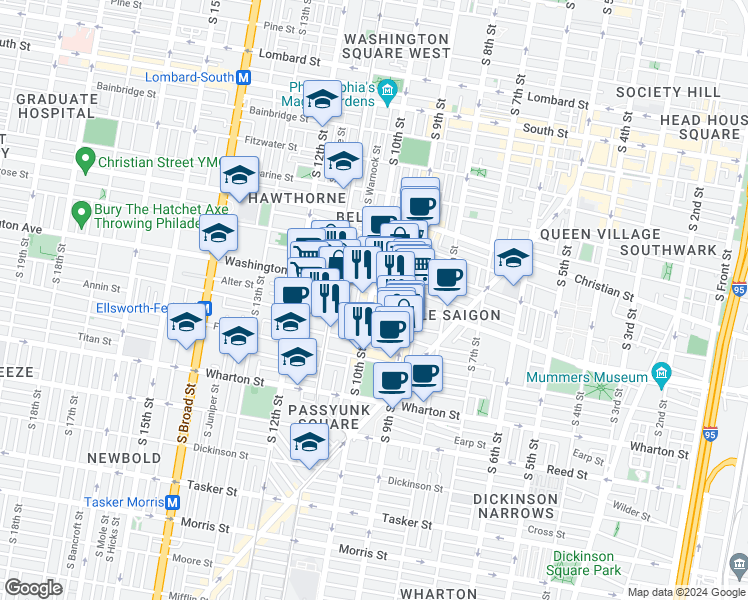 map of restaurants, bars, coffee shops, grocery stores, and more near 1105 South 10th Street in Philadelphia