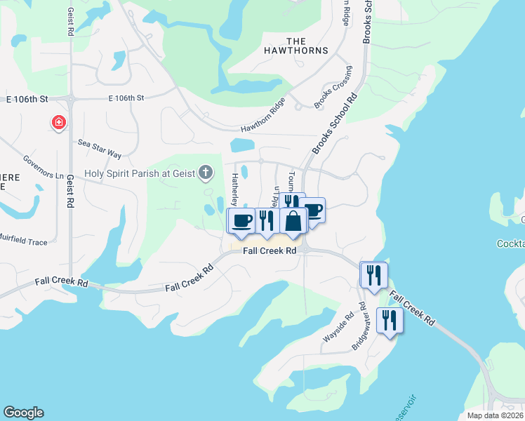 map of restaurants, bars, coffee shops, grocery stores, and more near 10155 Lothbury Circle in Fishers