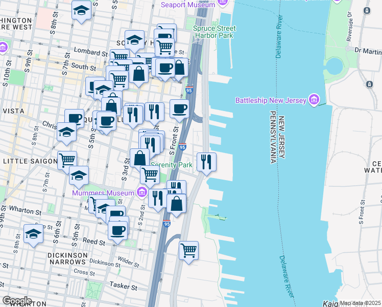 map of restaurants, bars, coffee shops, grocery stores, and more near 822 South Swanson Street in Philadelphia