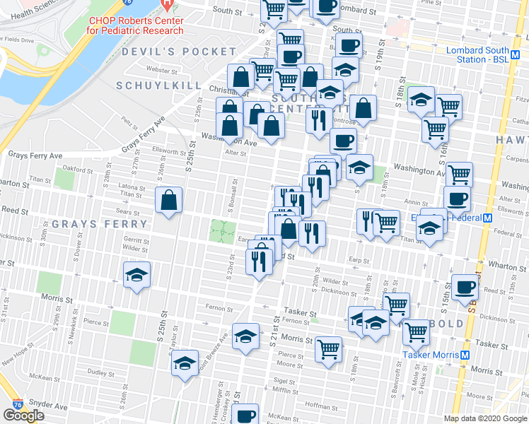 map of restaurants, bars, coffee shops, grocery stores, and more near 1246 South 22nd Street in Philadelphia