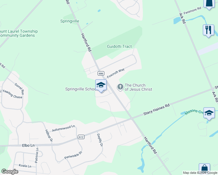 map of restaurants, bars, coffee shops, grocery stores, and more near 520 Hartford Road in Mount Laurel Township