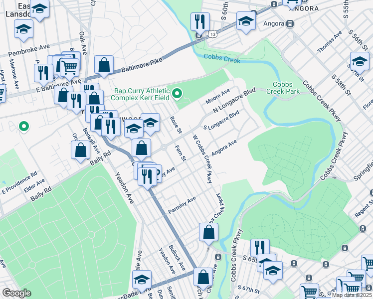 map of restaurants, bars, coffee shops, grocery stores, and more near 666 Rose Street in Yeadon