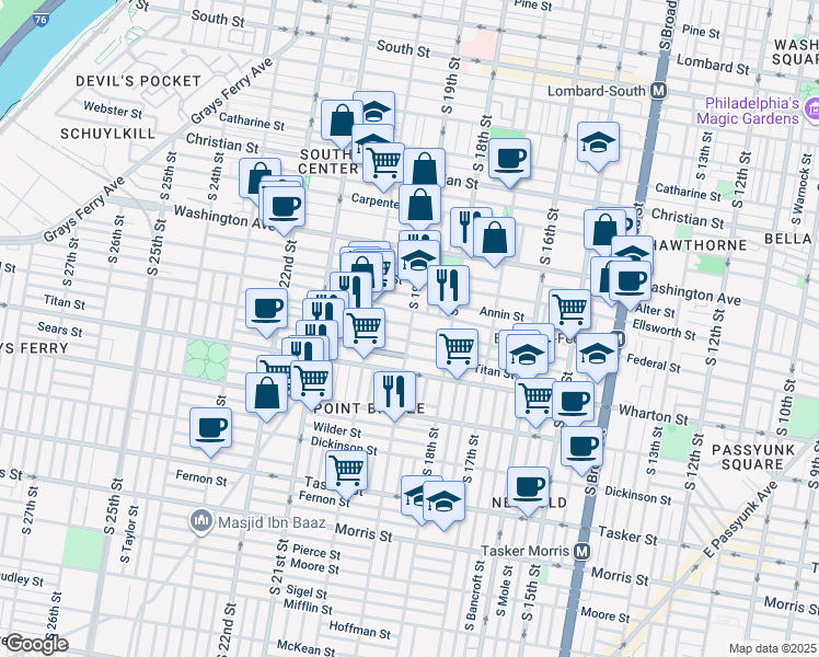 map of restaurants, bars, coffee shops, grocery stores, and more near South 19th Street & Manton Street in Philadelphia