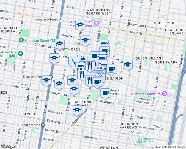 map of restaurants, bars, coffee shops, grocery stores, and more near 1105 South 10th Street in Philadelphia