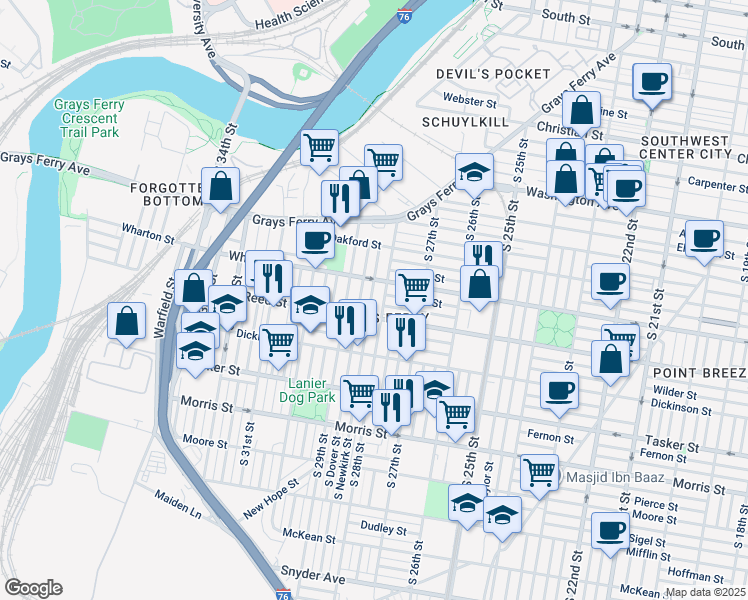 map of restaurants, bars, coffee shops, grocery stores, and more near 1329 South Newkirk Street in Philadelphia