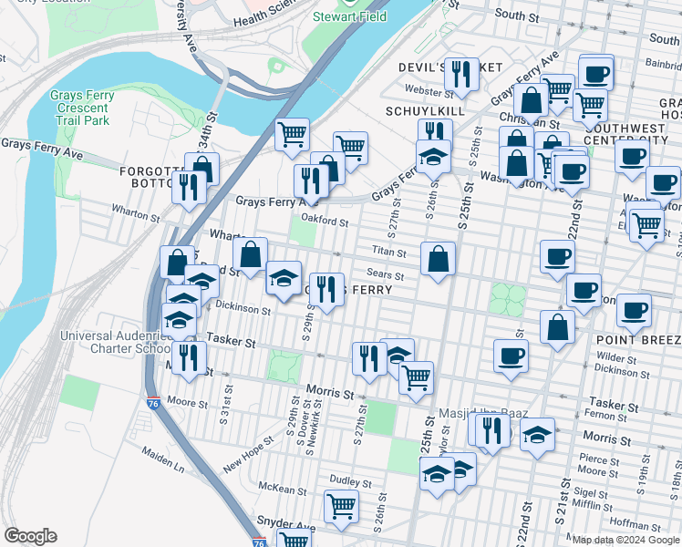 map of restaurants, bars, coffee shops, grocery stores, and more near 1329 South Newkirk Street in Philadelphia