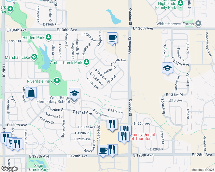 map of restaurants, bars, coffee shops, grocery stores, and more near 13308 Olive Street in Thornton
