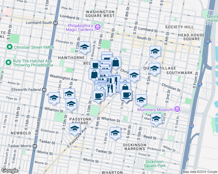 map of restaurants, bars, coffee shops, grocery stores, and more near 824 League Street in Philadelphia