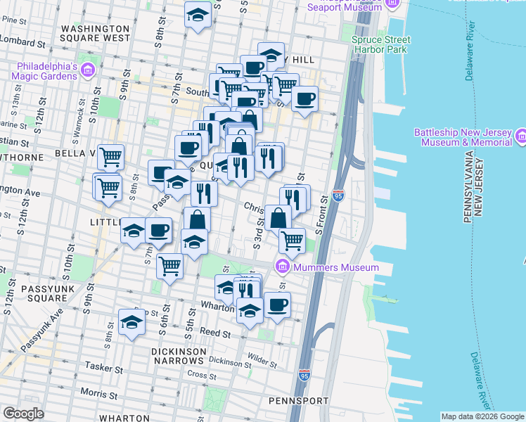 map of restaurants, bars, coffee shops, grocery stores, and more near Christian Street & South 3rd Street in Philadelphia