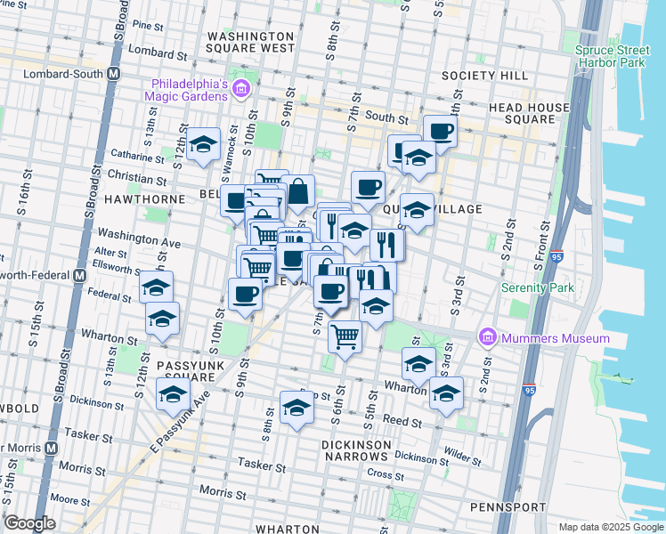 map of restaurants, bars, coffee shops, grocery stores, and more near 642R Carpenter Street in Philadelphia