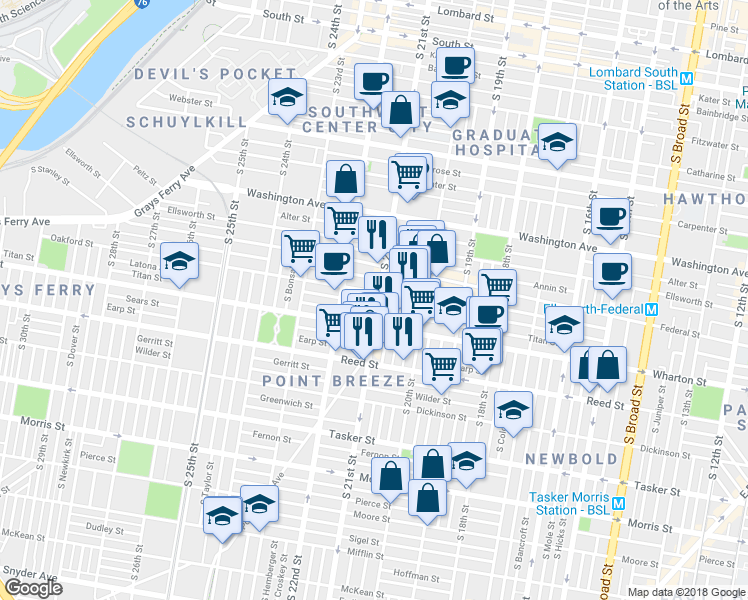 map of restaurants, bars, coffee shops, grocery stores, and more near 1236 South 21st Street in Philadelphia