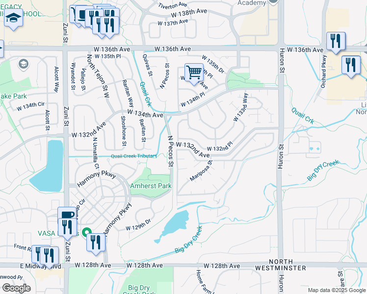 map of restaurants, bars, coffee shops, grocery stores, and more near 13203 Osage Street in Westminster