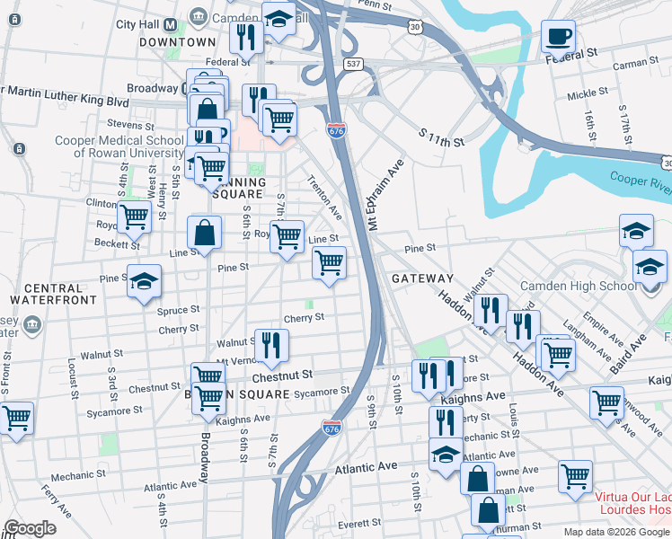 map of restaurants, bars, coffee shops, grocery stores, and more near 772 Ramona Gonzalez Street in Camden