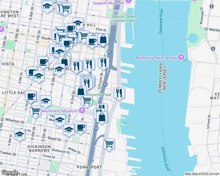 map of restaurants, bars, coffee shops, grocery stores, and more near 822 South Swanson Street in Philadelphia
