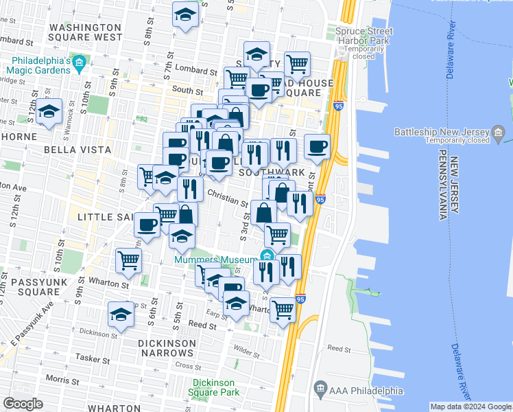 map of restaurants, bars, coffee shops, grocery stores, and more near 905 South Bodine Street in Philadelphia