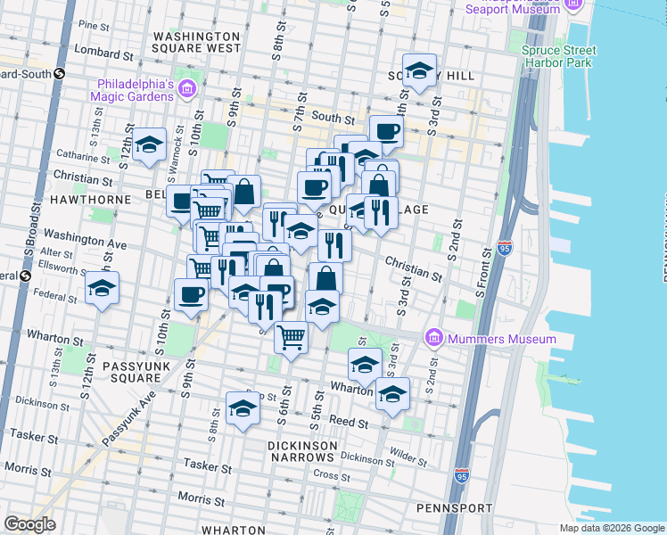 map of restaurants, bars, coffee shops, grocery stores, and more near 1002 South Randolph Street in Philadelphia