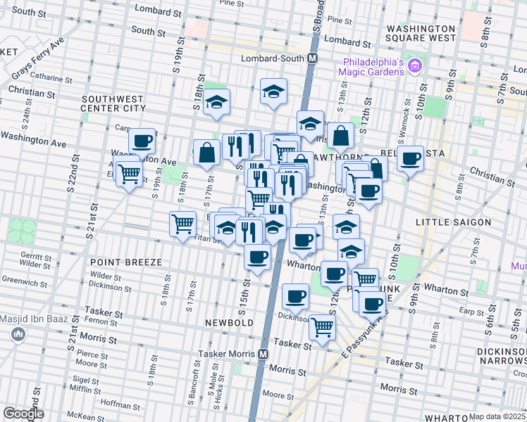 map of restaurants, bars, coffee shops, grocery stores, and more near 1172 South Broad Street in Philadelphia