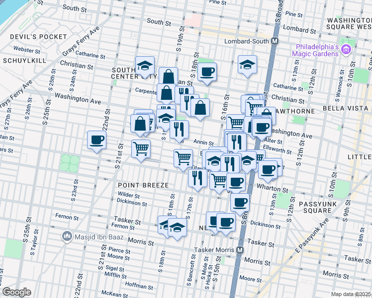 map of restaurants, bars, coffee shops, grocery stores, and more near 1732 Federal Street in Philadelphia