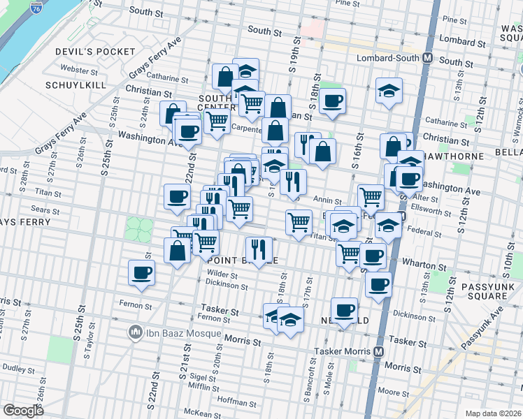 map of restaurants, bars, coffee shops, grocery stores, and more near 1234 South 19th Street in Philadelphia