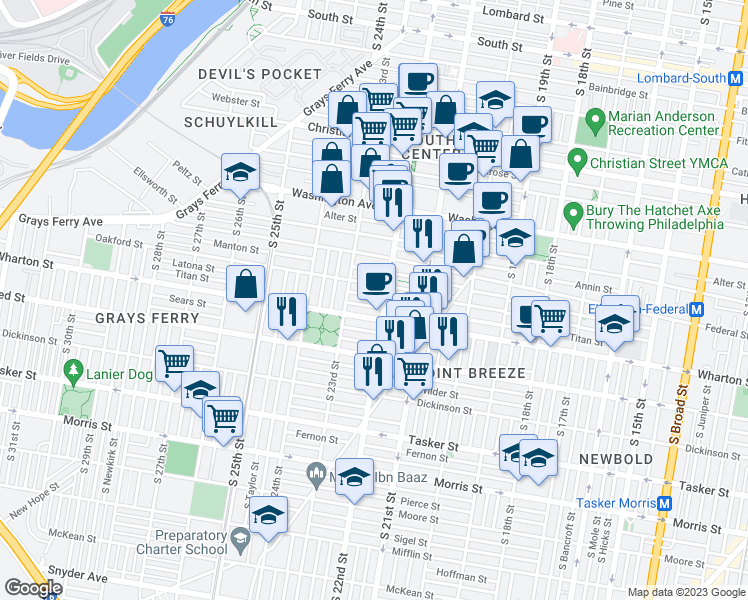 map of restaurants, bars, coffee shops, grocery stores, and more near 2233 Wharton Street in Philadelphia
