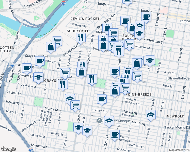 map of restaurants, bars, coffee shops, grocery stores, and more near 1311 South Ringgold Street in Philadelphia
