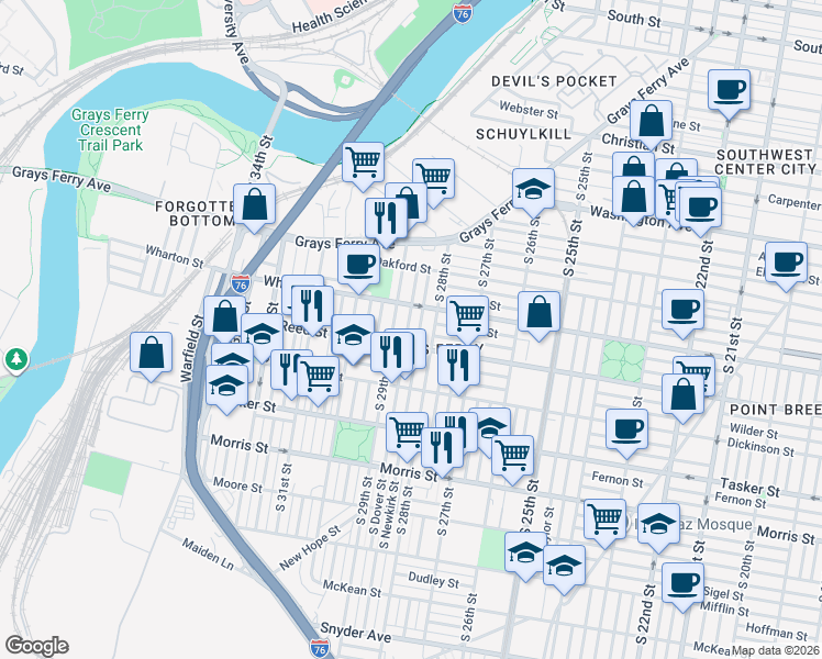 map of restaurants, bars, coffee shops, grocery stores, and more near 1400 South Dover Street in Philadelphia