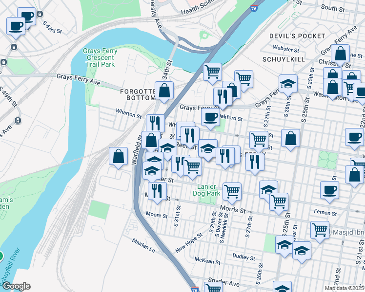 map of restaurants, bars, coffee shops, grocery stores, and more near 1425 South Patton Street in Philadelphia