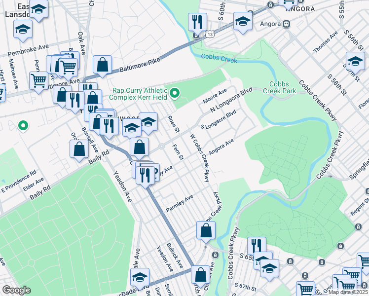 map of restaurants, bars, coffee shops, grocery stores, and more near 666 Rose Street in Yeadon
