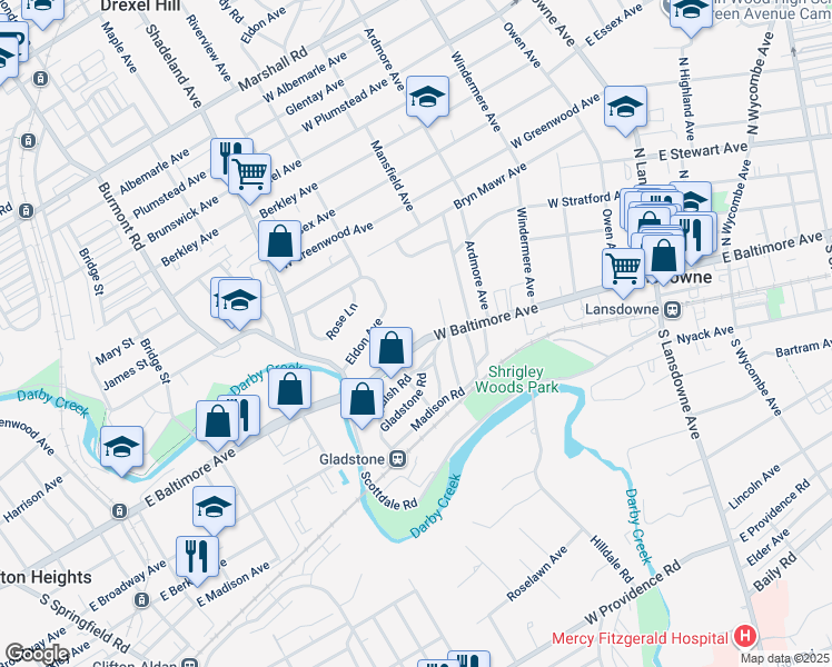 map of restaurants, bars, coffee shops, grocery stores, and more near 225 West Baltimore Avenue in Lansdowne