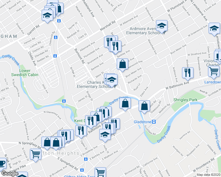map of restaurants, bars, coffee shops, grocery stores, and more near 3400 Dennison Avenue in Drexel Hill
