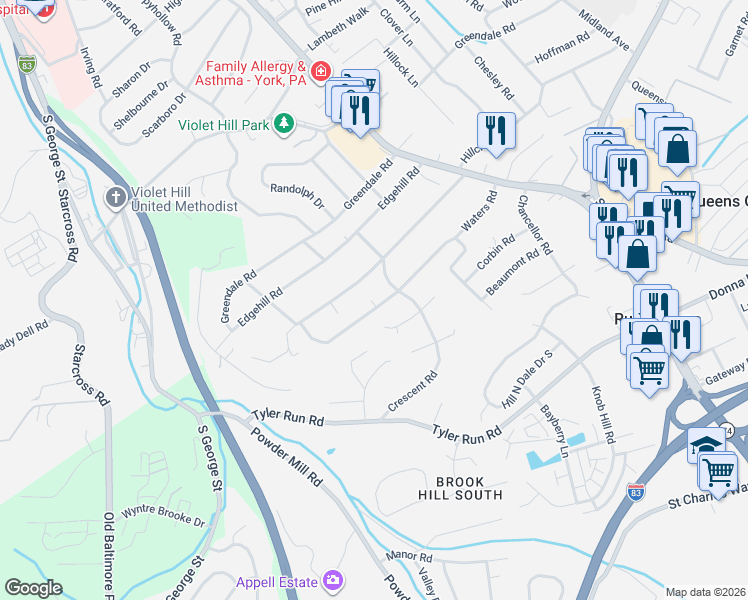 map of restaurants, bars, coffee shops, grocery stores, and more near 392 Waters Road in York
