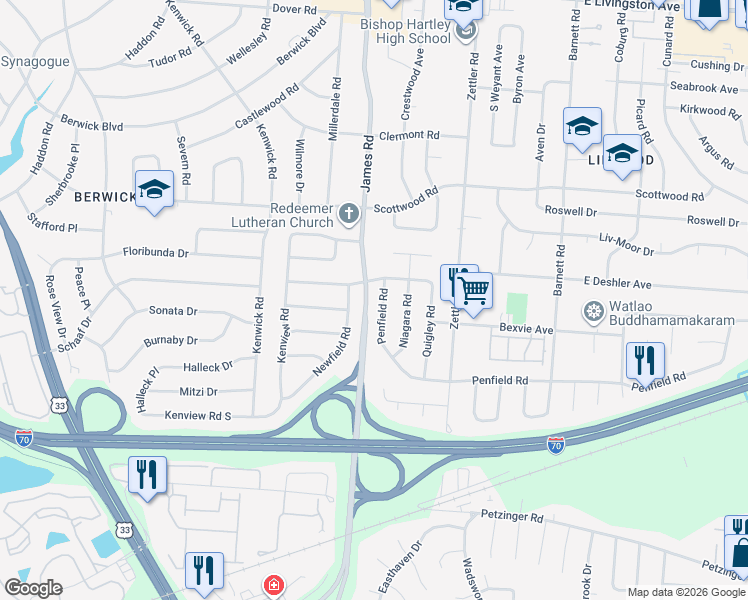 map of restaurants, bars, coffee shops, grocery stores, and more near 1698 Newfield Road in Columbus