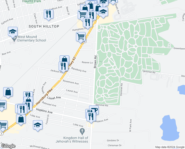 map of restaurants, bars, coffee shops, grocery stores, and more near 1606 Jackson Road in Columbus