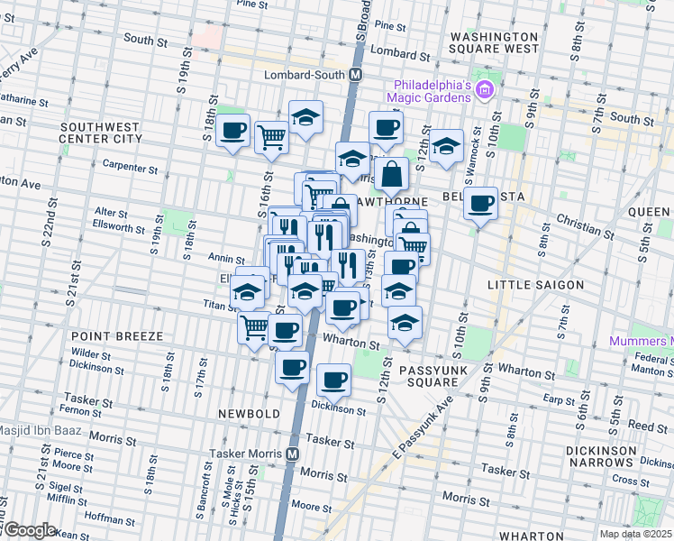 map of restaurants, bars, coffee shops, grocery stores, and more near 1344 Ellsworth Street in Philadelphia