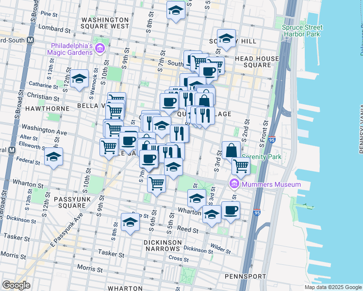 map of restaurants, bars, coffee shops, grocery stores, and more near 930 South 5th Street in Philadelphia