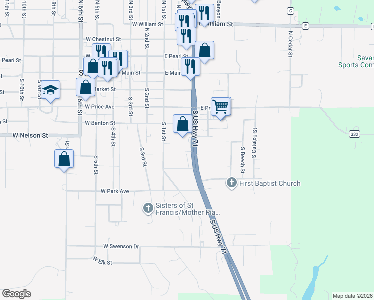 map of restaurants, bars, coffee shops, grocery stores, and more near 508 South US Highway 71 in Savannah
