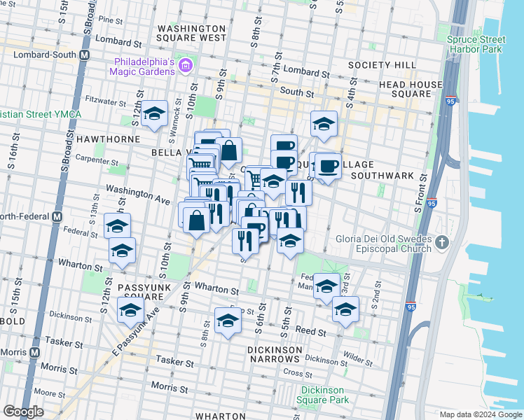 map of restaurants, bars, coffee shops, grocery stores, and more near 630 Carpenter Street in Philadelphia