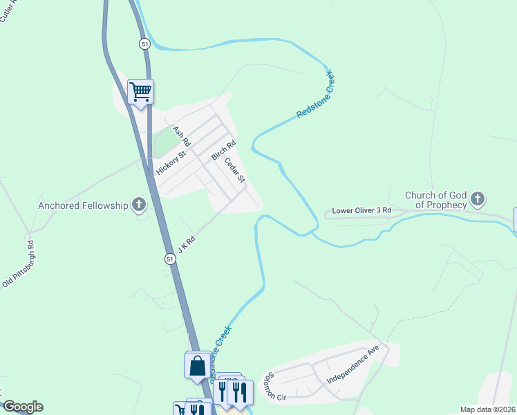 map of restaurants, bars, coffee shops, grocery stores, and more near 2 Phillips Manor in Uniontown