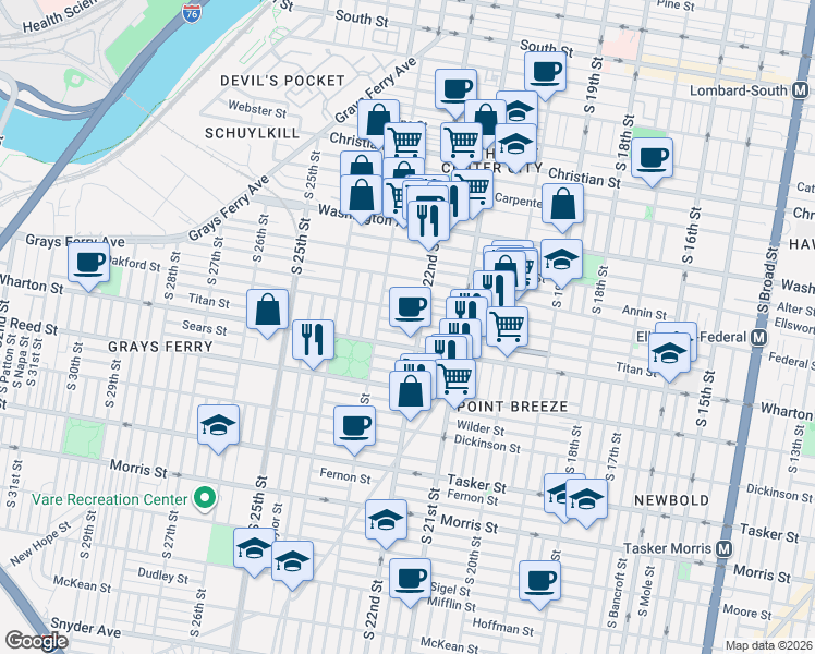 map of restaurants, bars, coffee shops, grocery stores, and more near 2233 Wharton Street in Philadelphia