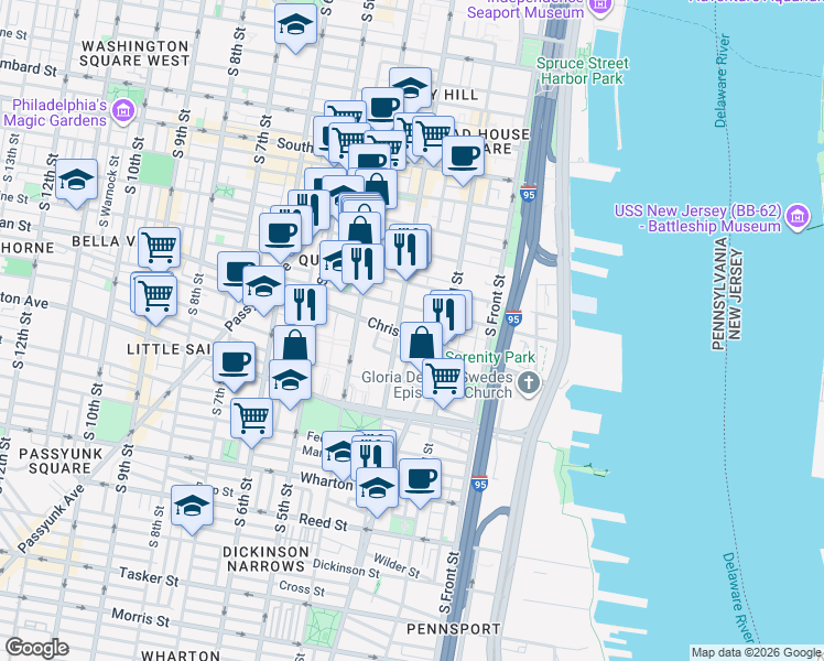 map of restaurants, bars, coffee shops, grocery stores, and more near 235 Christian Street in Philadelphia