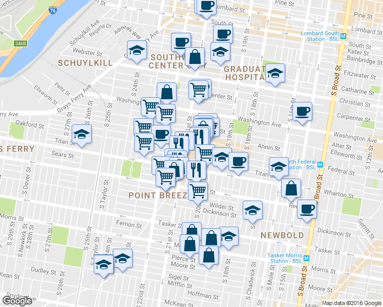 map of restaurants, bars, coffee shops, grocery stores, and more near 2016 Oakford Street in Philadelphia