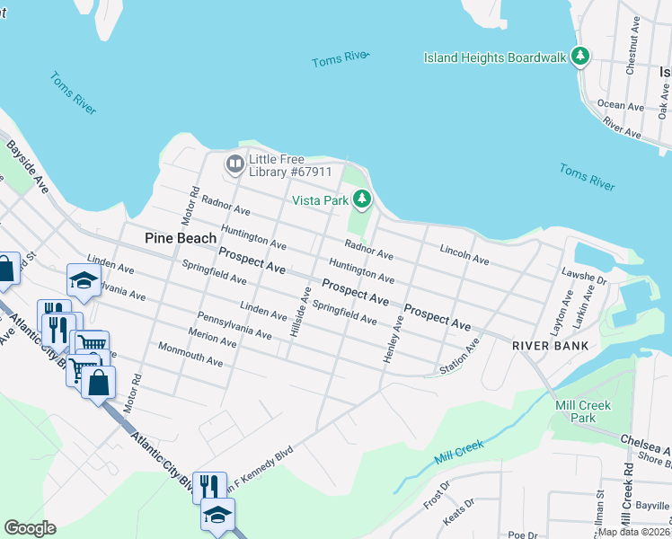 map of restaurants, bars, coffee shops, grocery stores, and more near 626 Prospect Avenue in Pine Beach