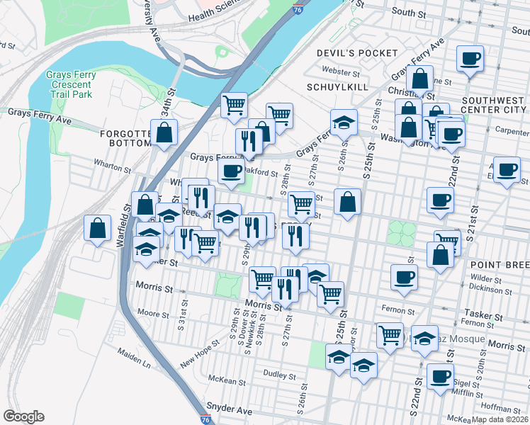 map of restaurants, bars, coffee shops, grocery stores, and more near 1400 South Dover Street in Philadelphia