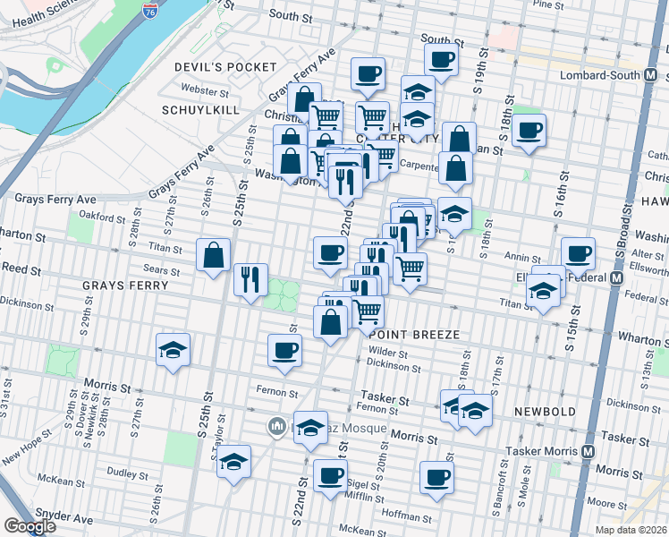 map of restaurants, bars, coffee shops, grocery stores, and more near 2136 Titan Street in Philadelphia